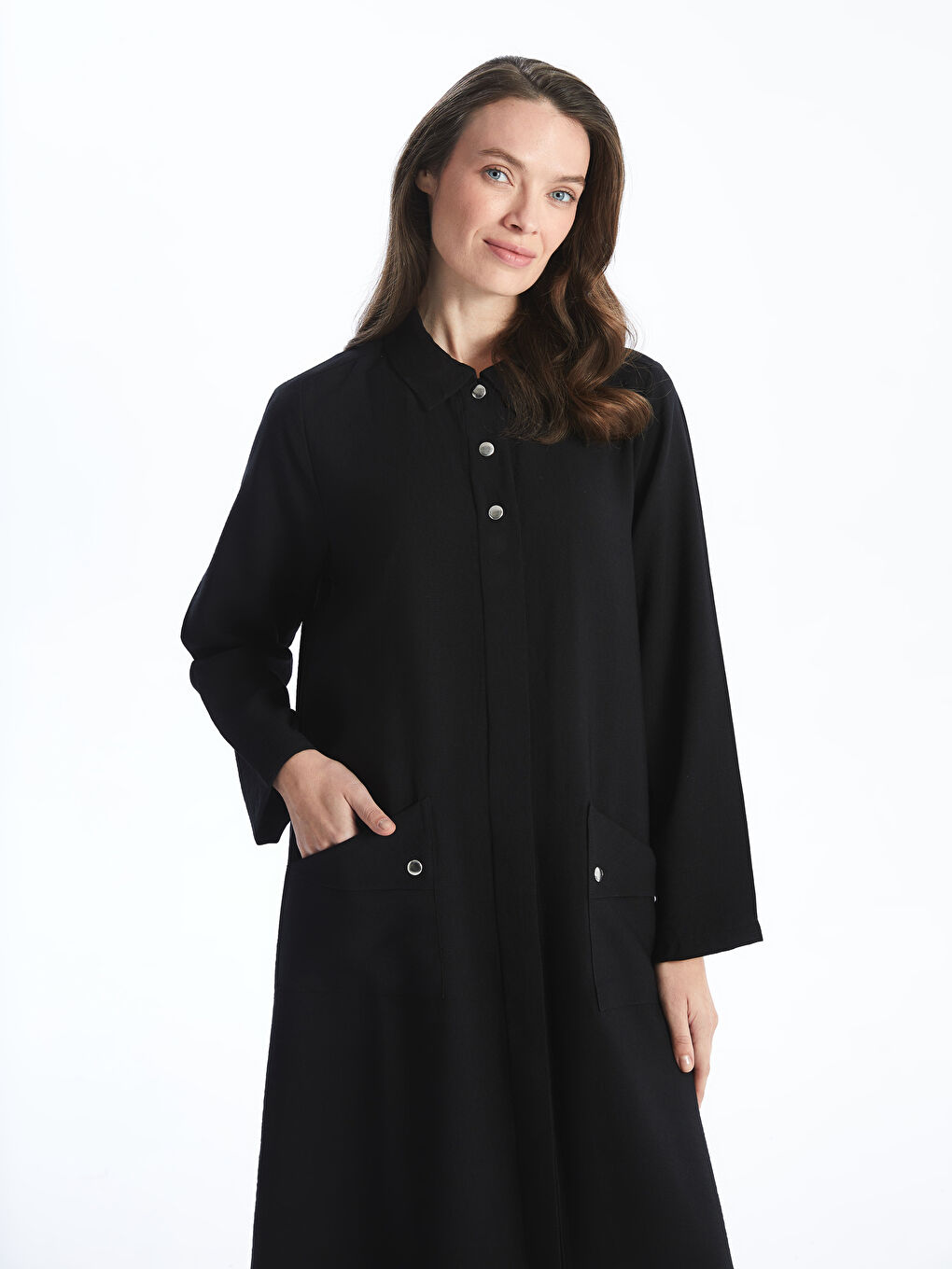LCW Grace Shirt Collar Plain Long Sleeve Linen-Look Women's Abaya -S46200Z8-CVL