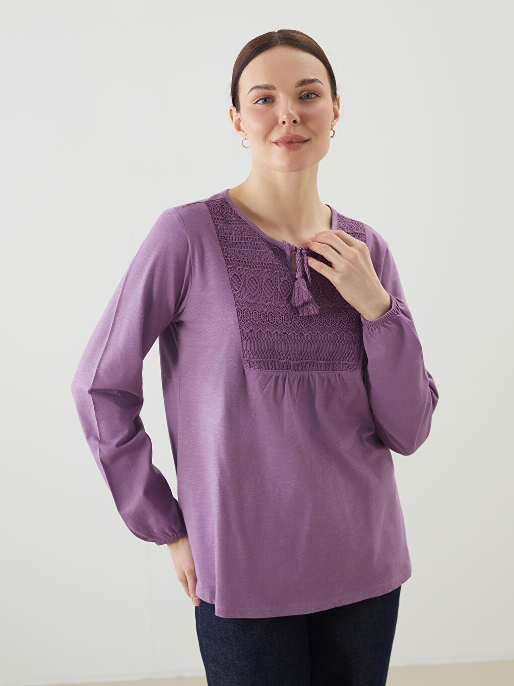 Tie Neck Embroidered Long Sleeve Women's Blouse