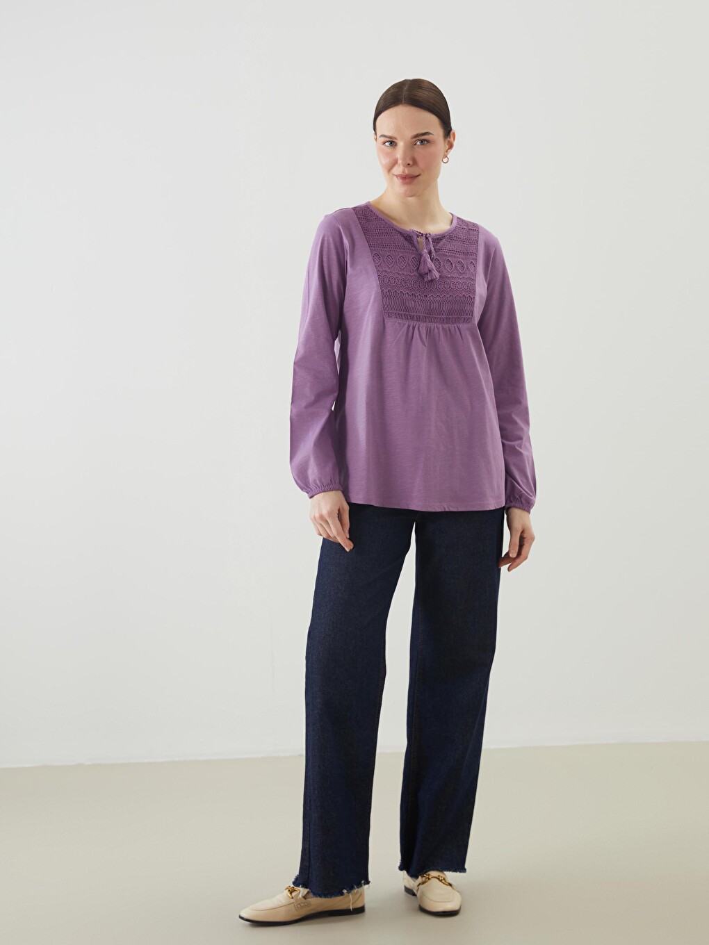 Tie Neck Embroidered Long Sleeve Women's Blouse-1