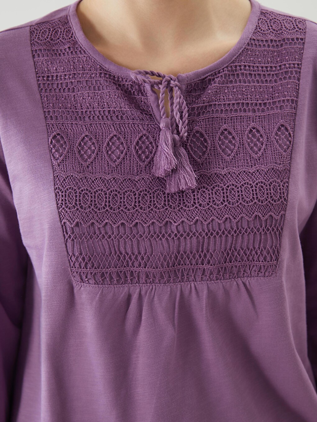 Tie Neck Embroidered Long Sleeve Women's Blouse-2
