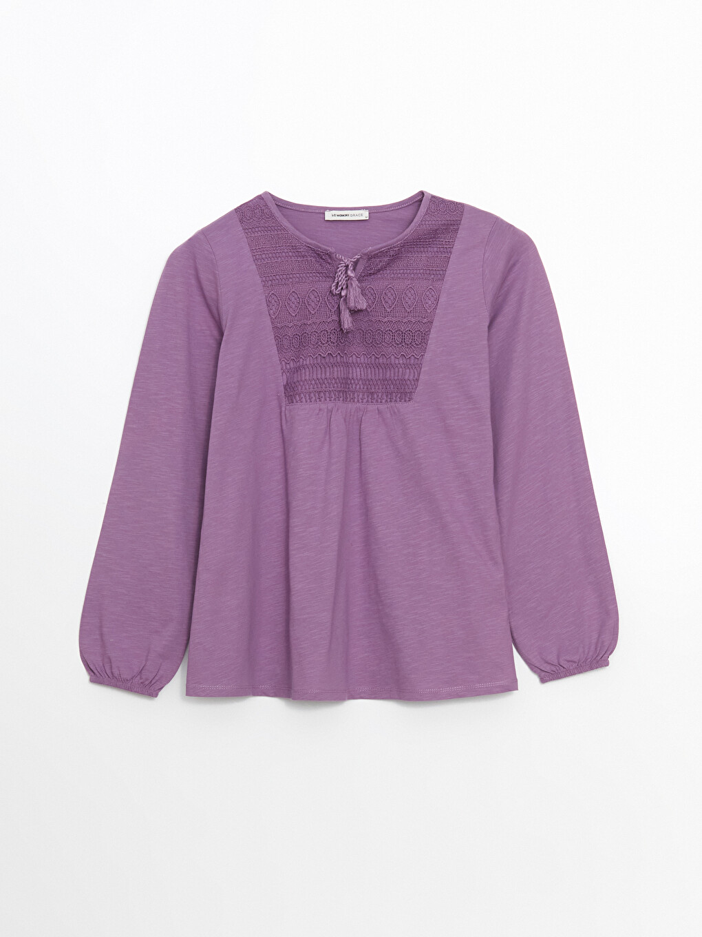 Tie Neck Embroidered Long Sleeve Women's Blouse-4