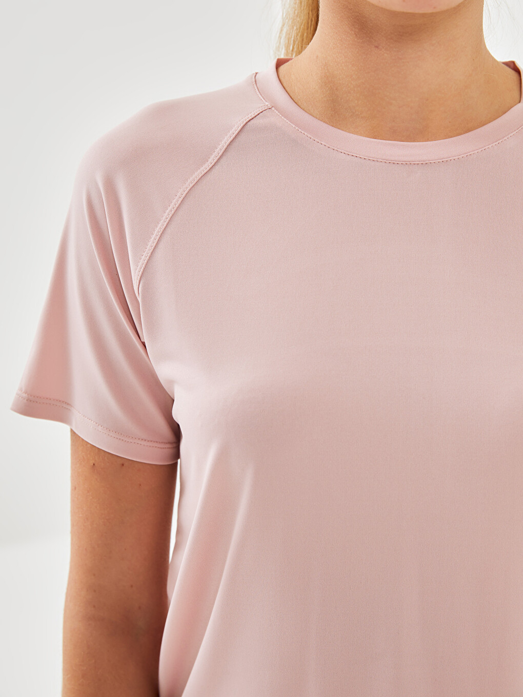 Pembe Bisiklet Yaka Düz Kısa Kollu Kadın Tişört-2