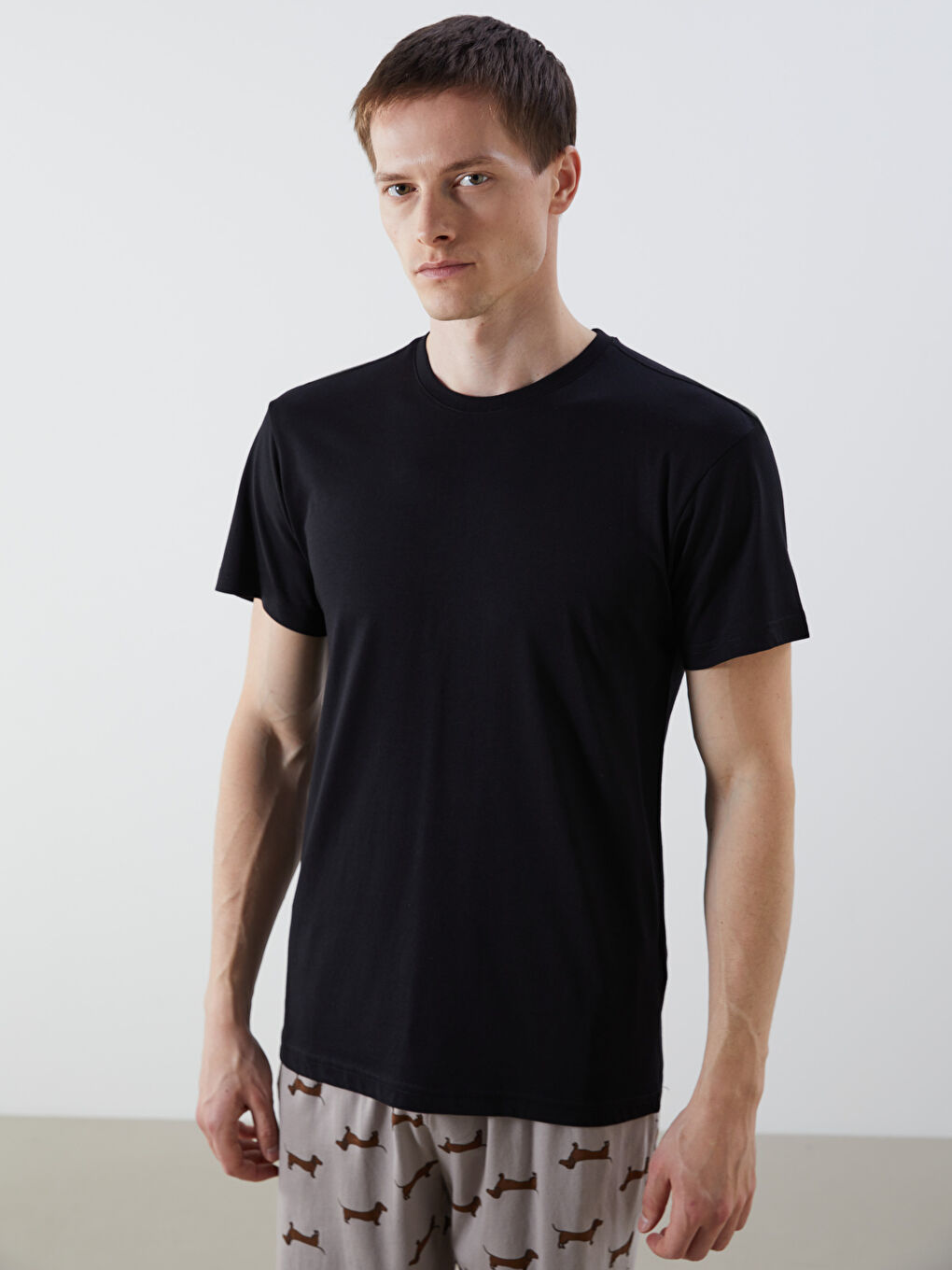 Siyah Bisiklet Yaka Kısa Kollu Erkek Pijama Üst