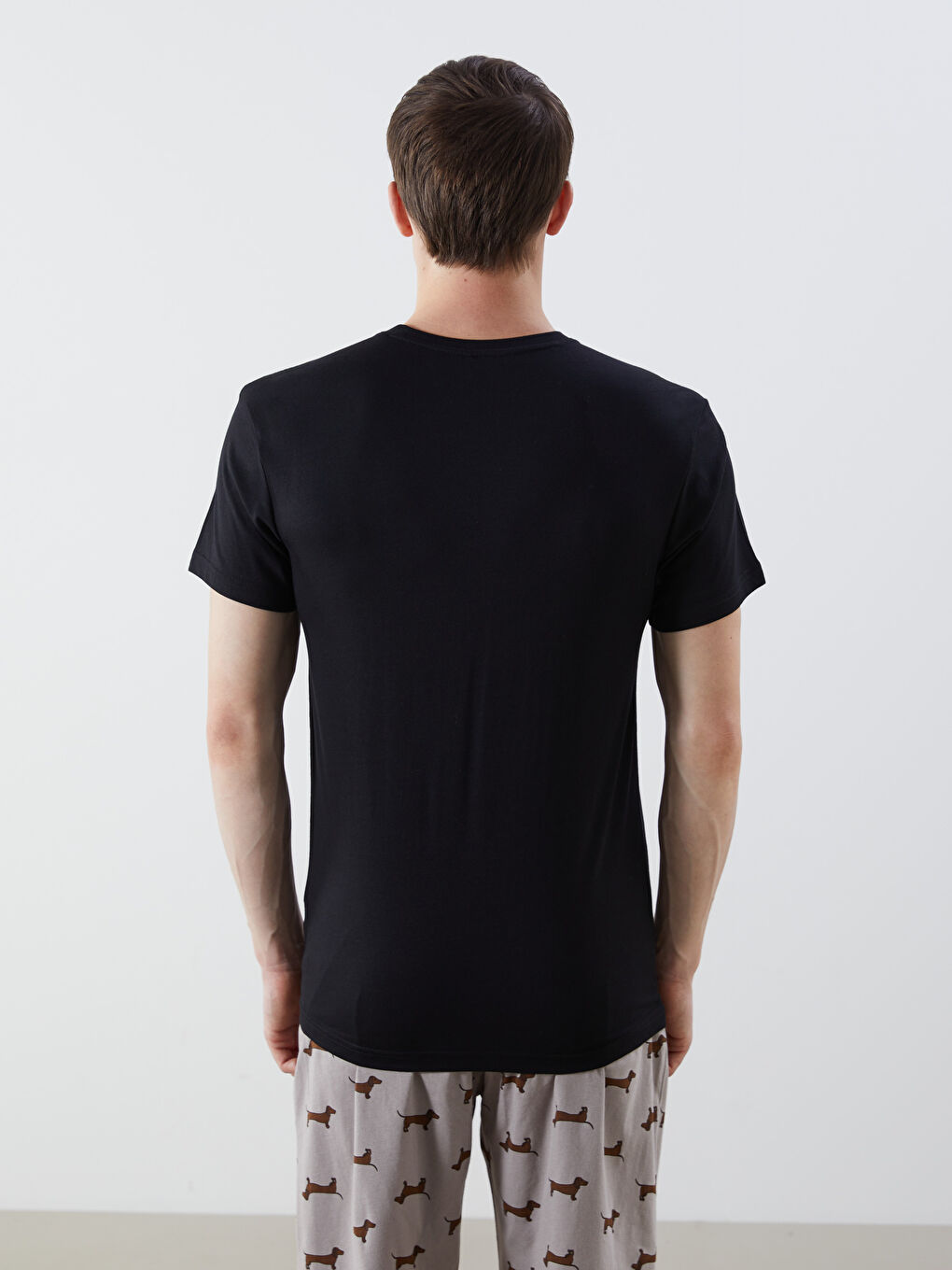 Siyah Bisiklet Yaka Kısa Kollu Erkek Pijama Üst-3