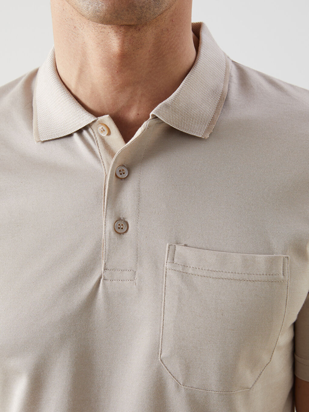 Bej Polo Yaka Kısa Kollu Erkek Tişört-2