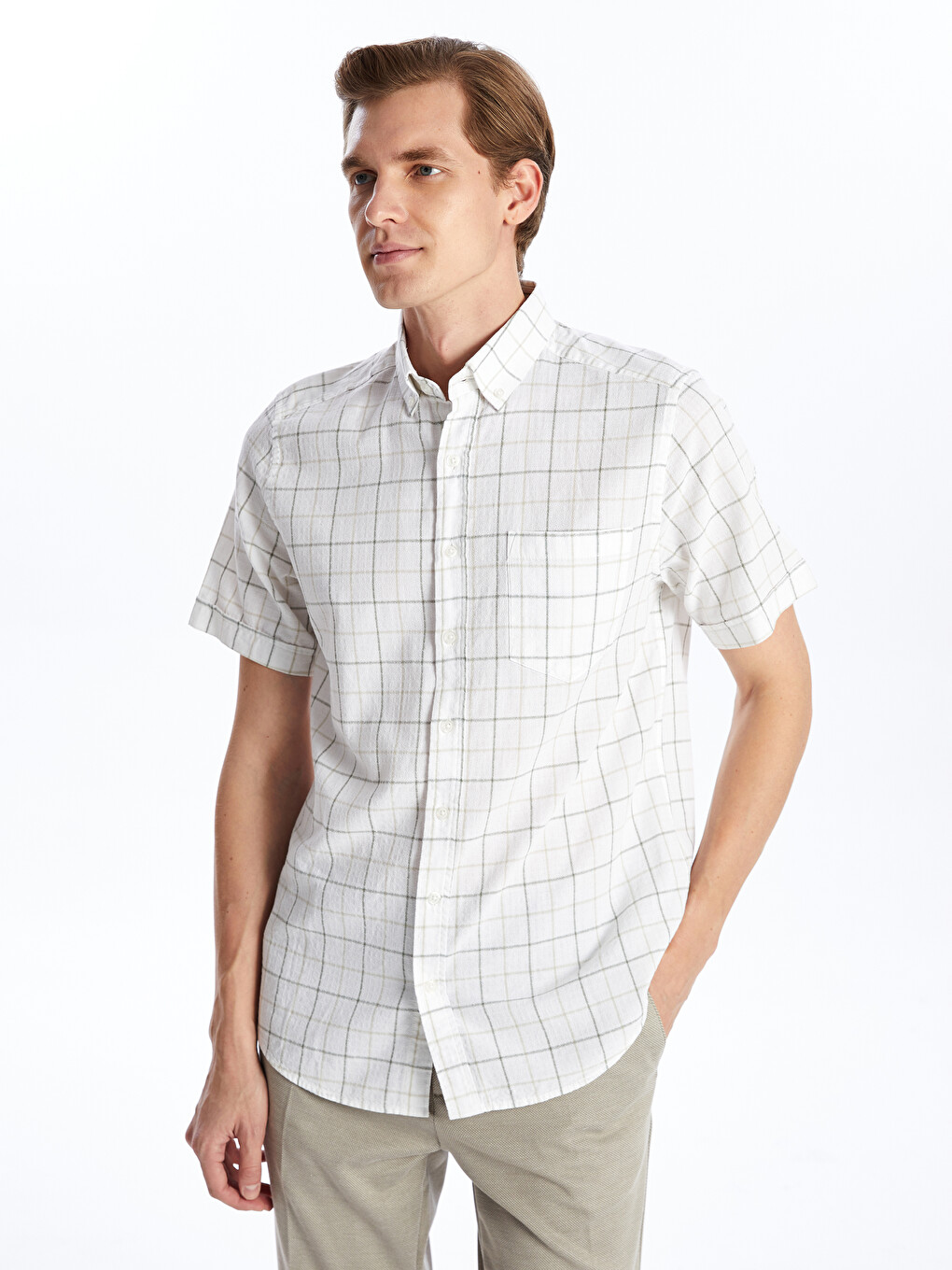 Regular Fit Short Sleeve Plaid Poplin Men's Shirt