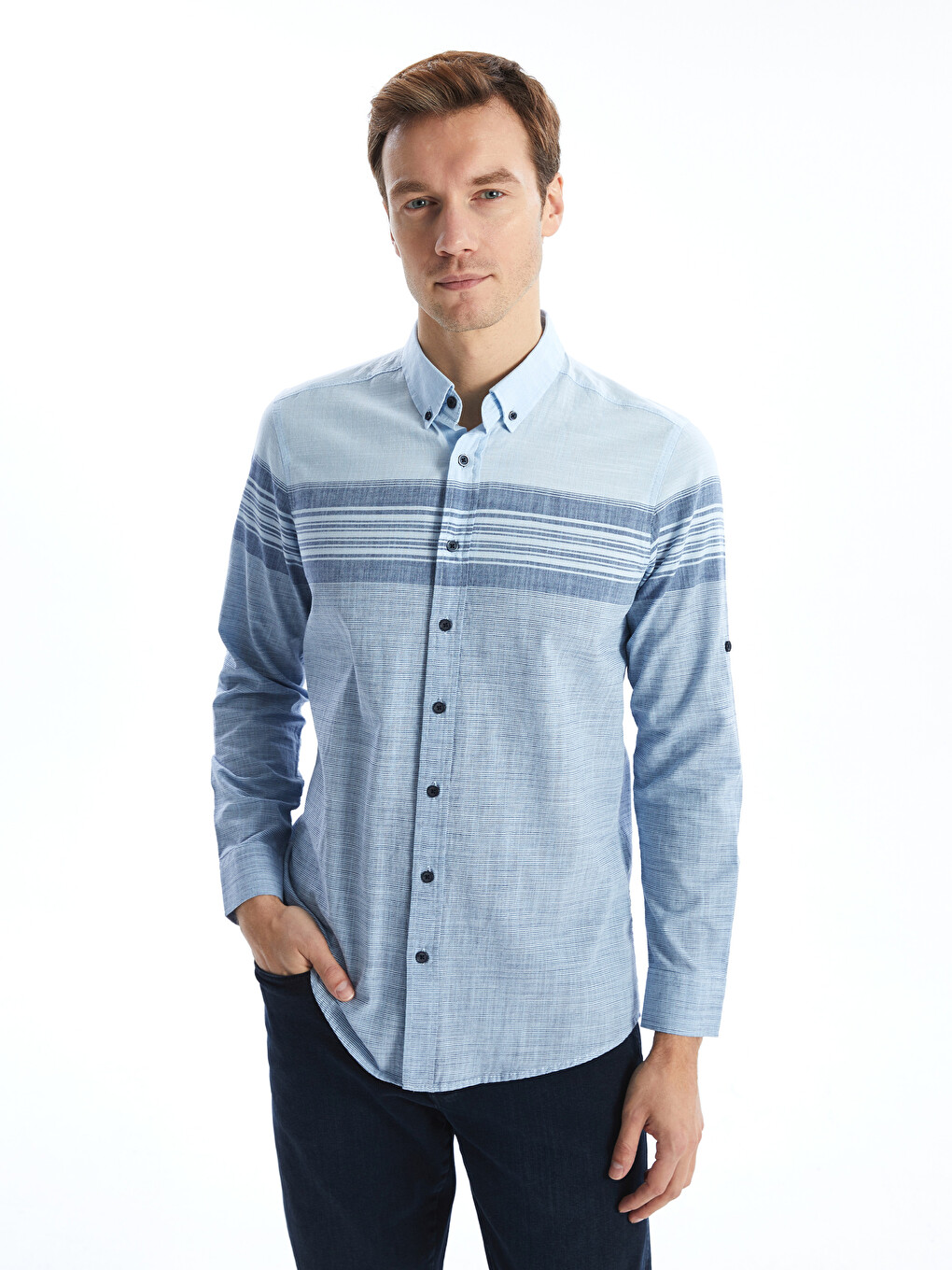 Regular Fit Long Sleeve Striped Poplin Men's Shirt