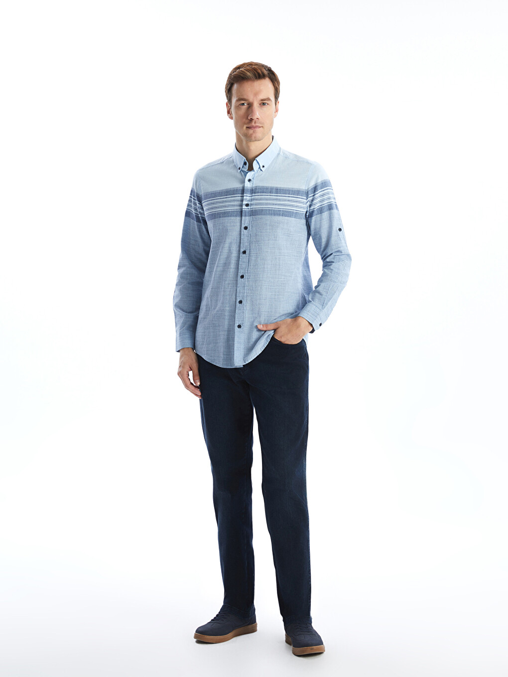 Regular Fit Long Sleeve Striped Poplin Men's Shirt-1