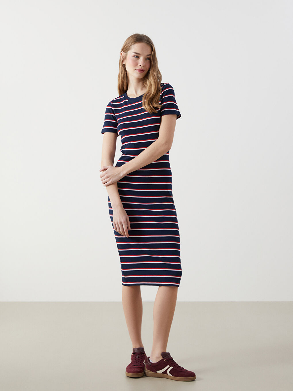 Crew Neck Striped Women's Dress -S4AH56Z8-LGS