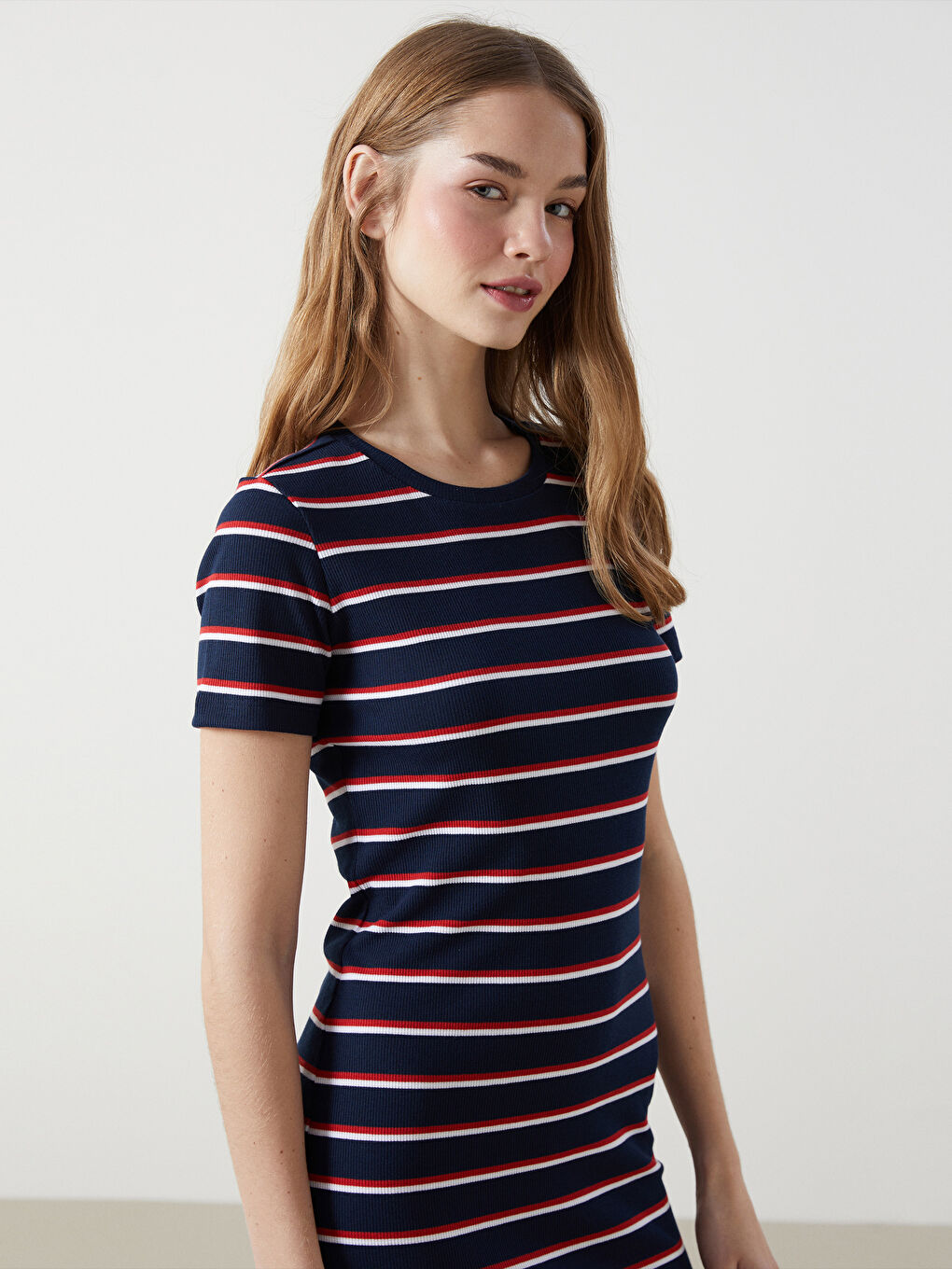 Crew Neck Striped Women's Dress -S4AH56Z8-LGS
