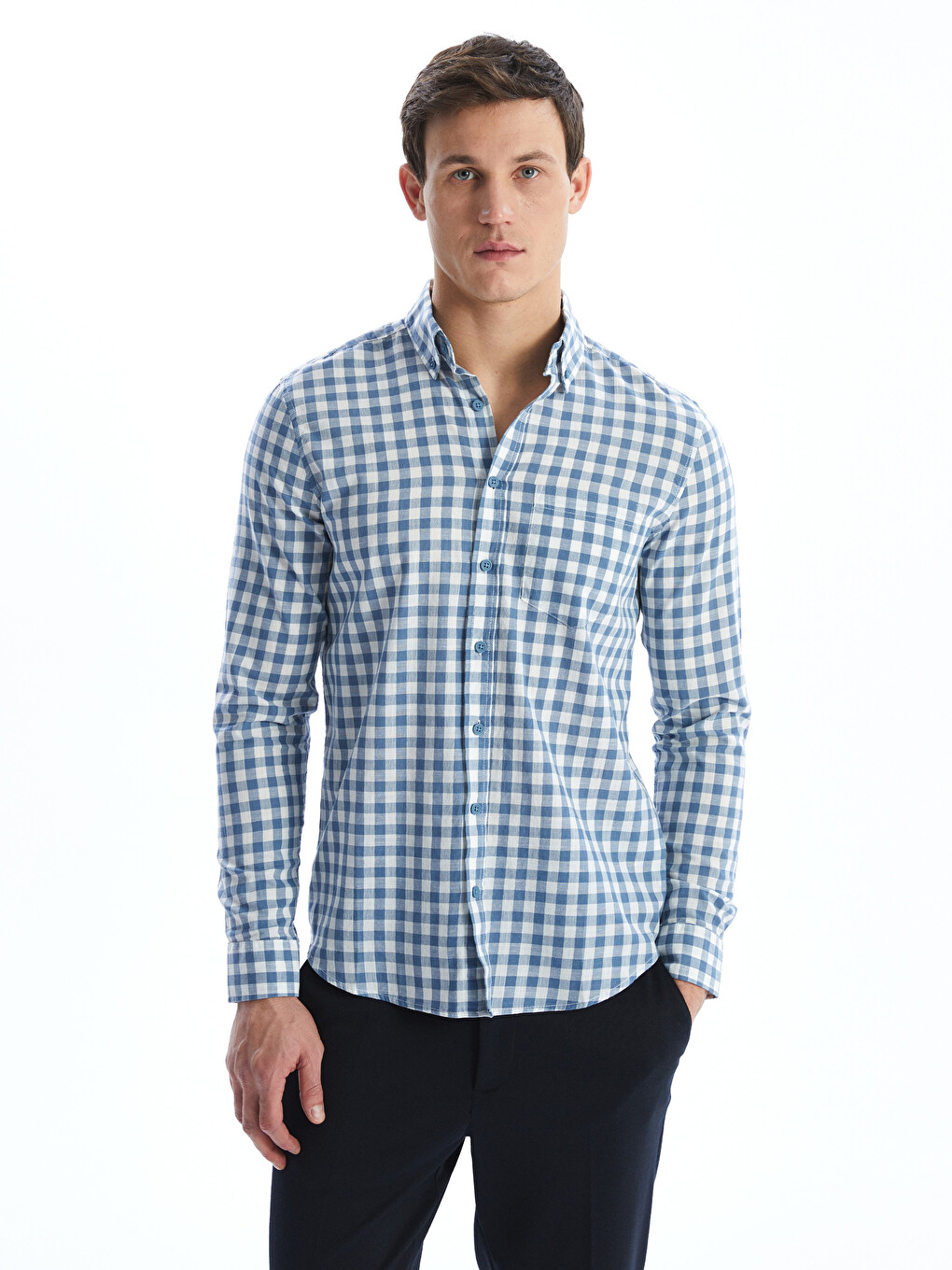 Regular Fit Long Sleeve Plaid Poplin Men's Shirt-1