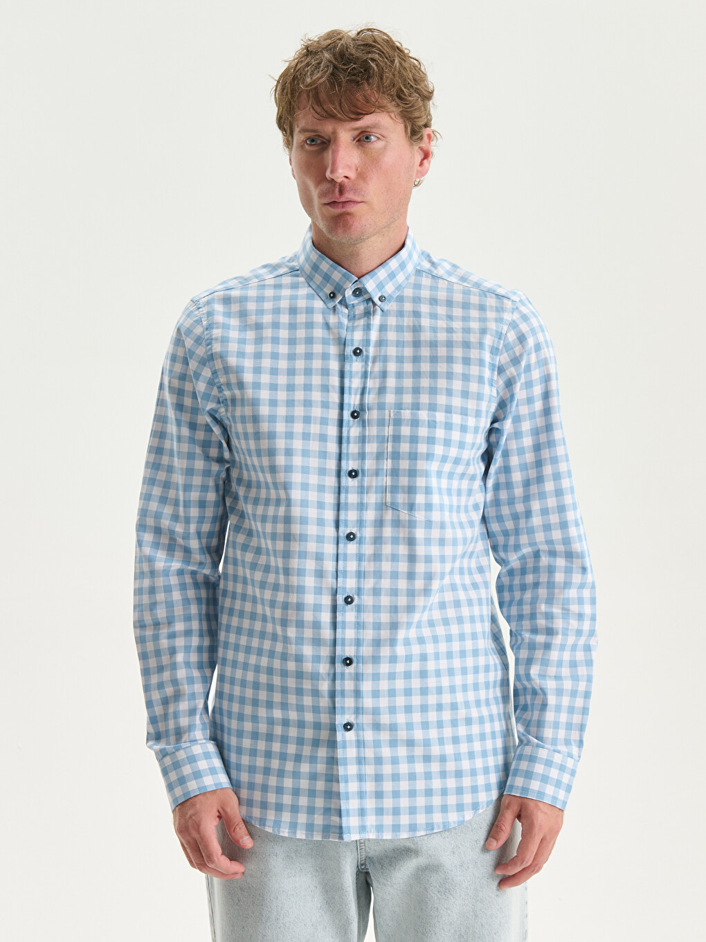 Regular Fit Long Sleeve Plaid Poplin Men's Shirt
