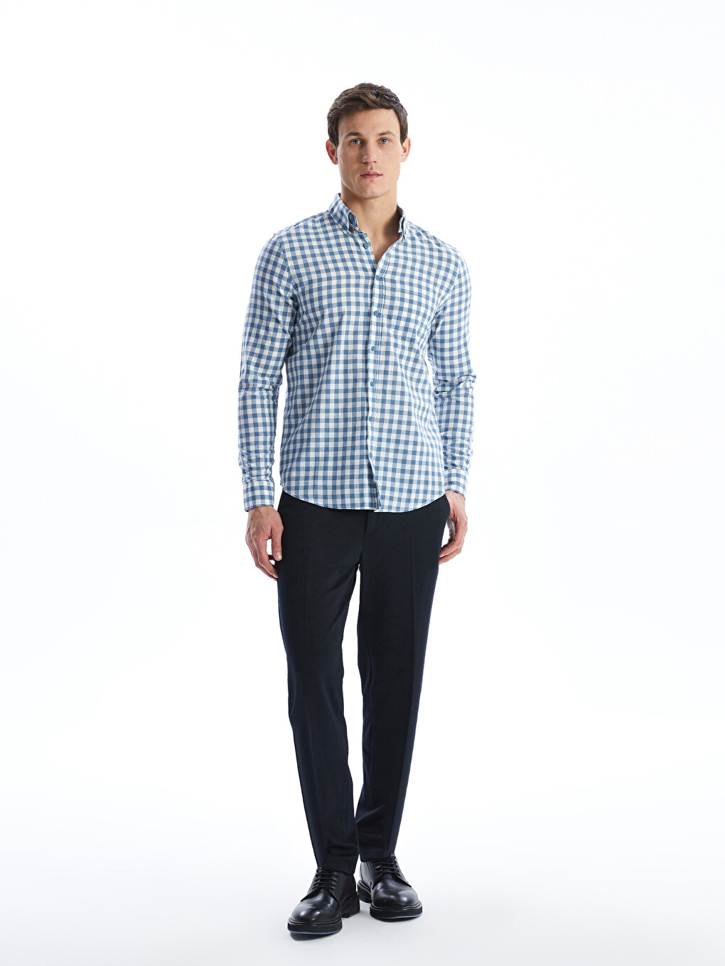Regular Fit Long Sleeve Plaid Poplin Men's Shirt-3