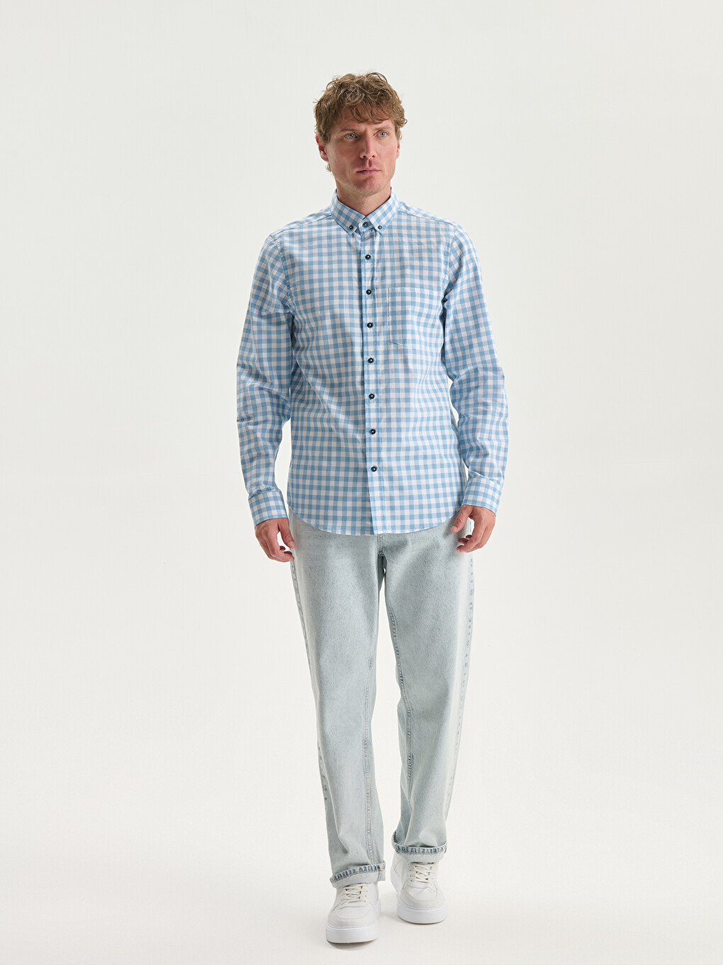 Regular Fit Long Sleeve Plaid Poplin Men's Shirt-2