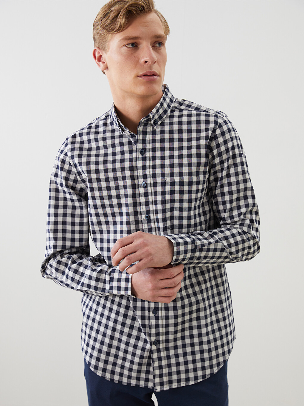 Regular Fit Long Sleeve Plaid Poplin Men's Shirt