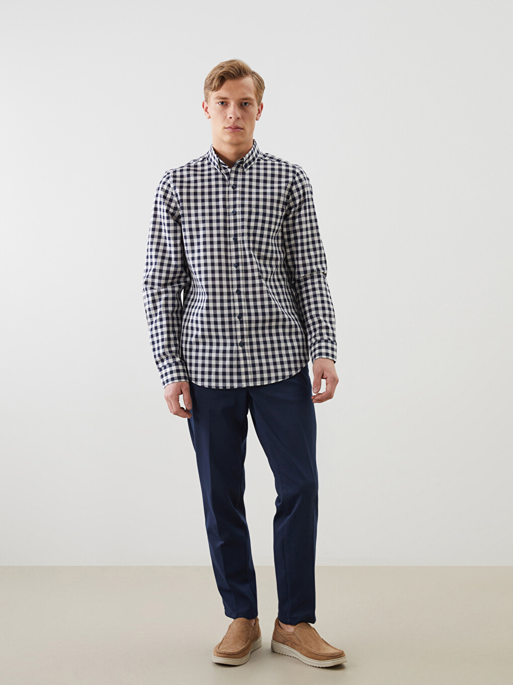 Regular Fit Long Sleeve Plaid Poplin Men's Shirt-1