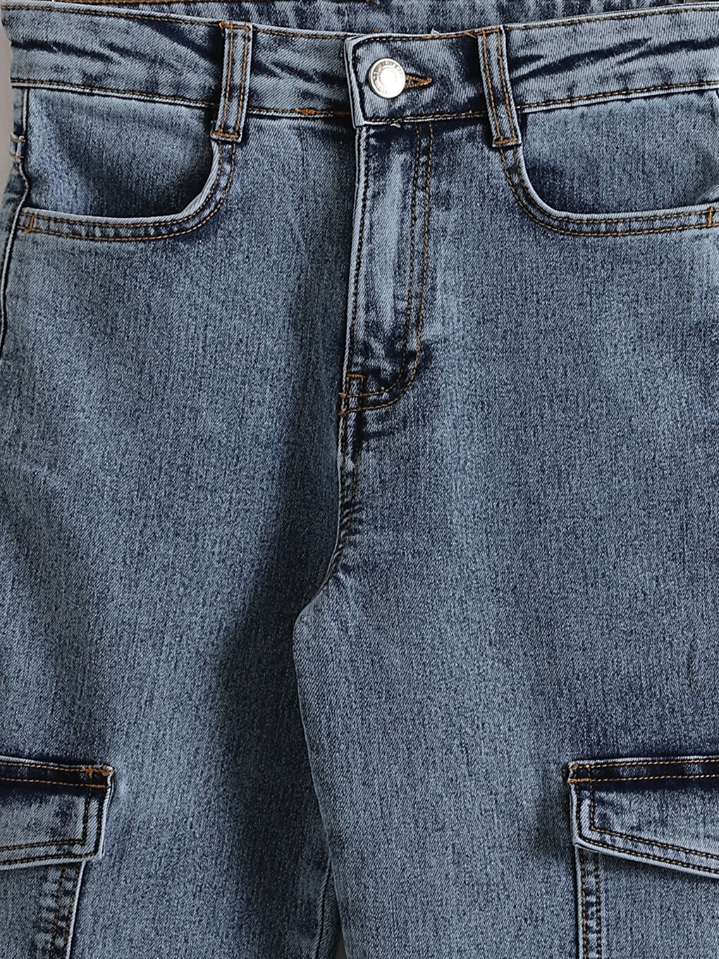 Mavi Beli Ayarlanabilir Lastikli Kız Çocuk Kargo Jean Pantolon-3