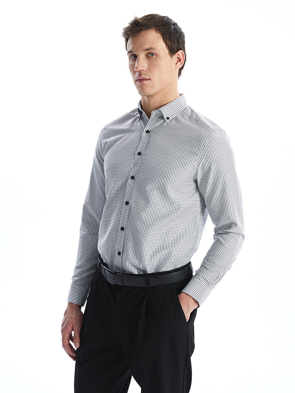 Regular Fit Long Sleeve Plaid Gabardine Men's Shirt