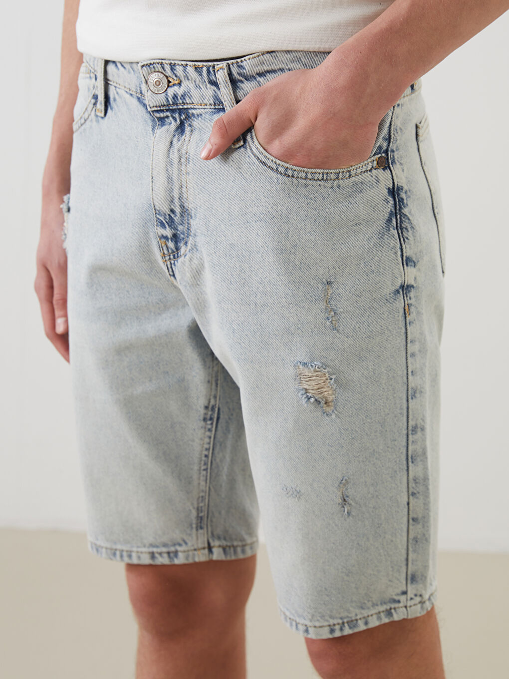 İndigo Standart Kalıp Erkek Jean Şort-2