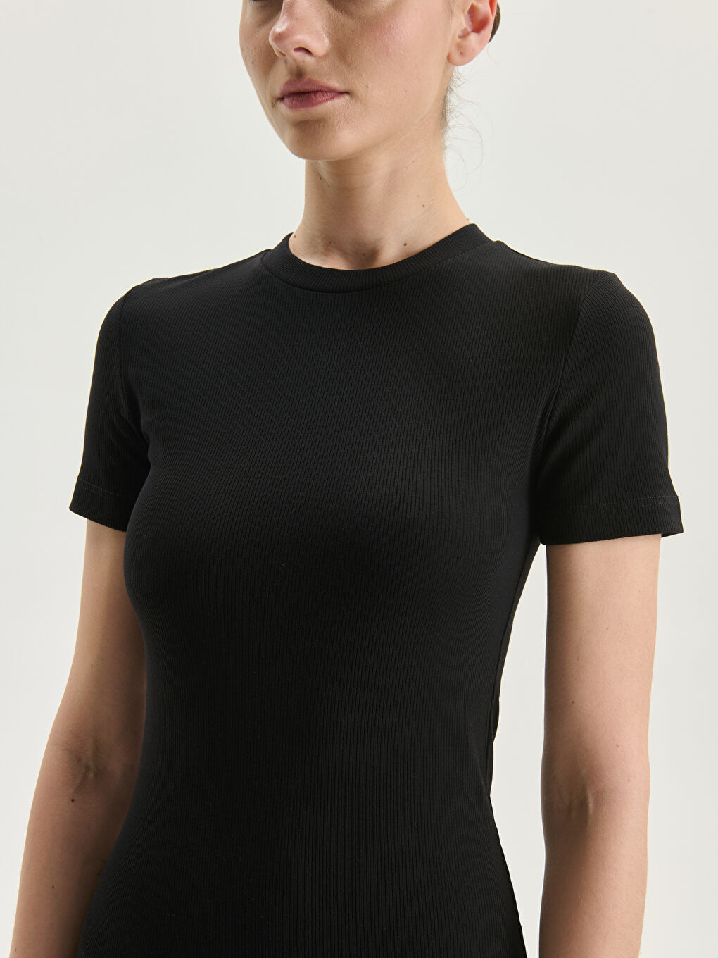 Siyah Bisiklet Yaka Bodycon Elbise-10