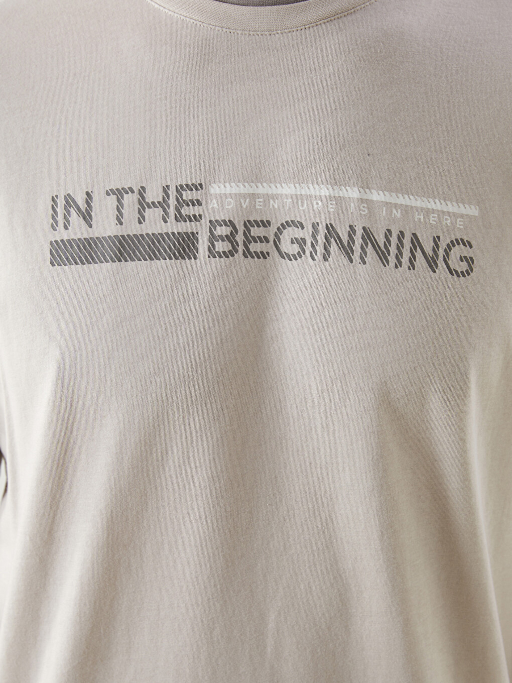 Bej Bisiklet Yaka Kısa Kollu Baskılı Penye Erkek Tişört-2