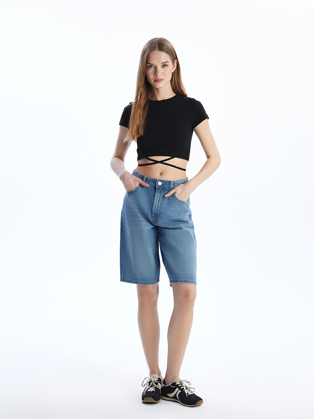 Crew Neck Plain Short Sleeve Women's Crop-1