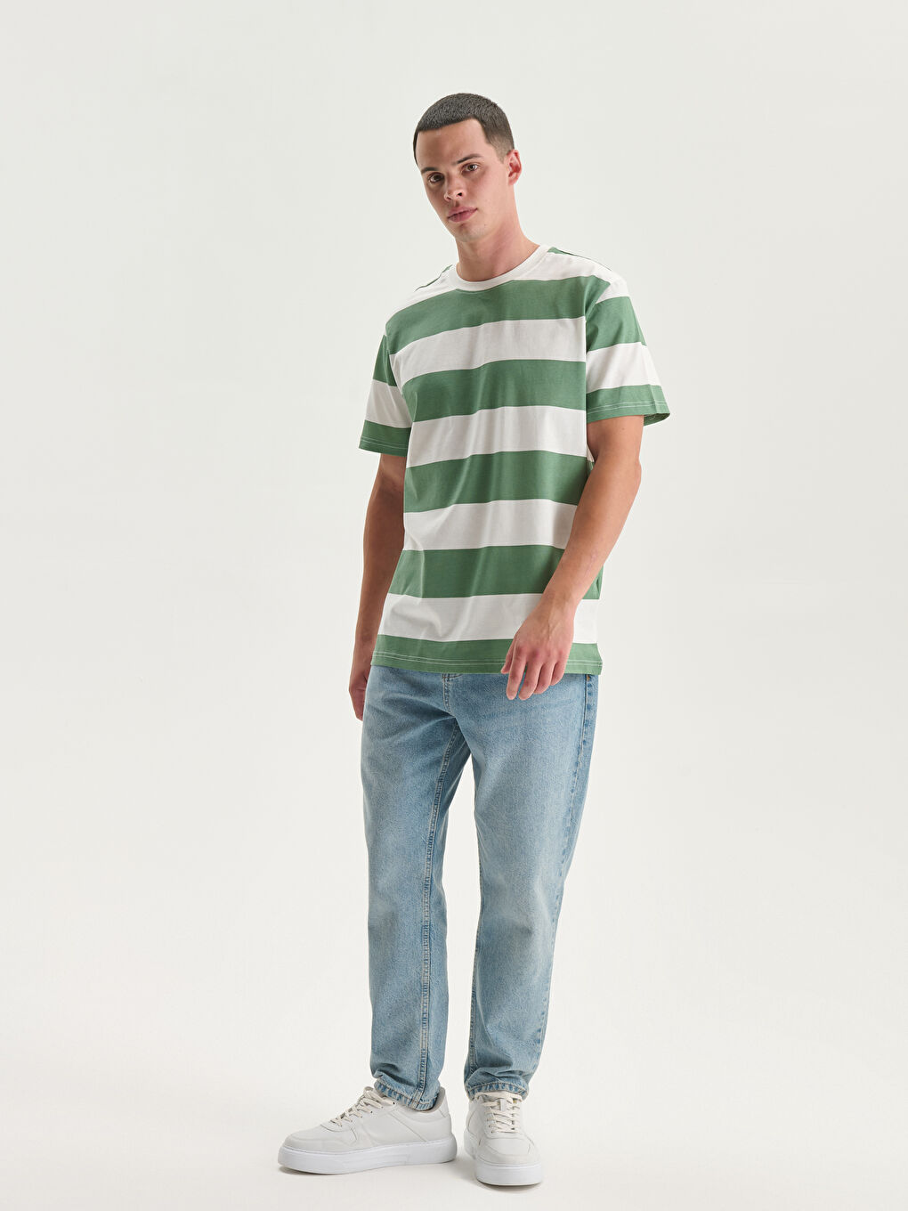 Ekru Bisiklet Yaka Kısa Kollu Çizgili Penye Erkek Tişört-1