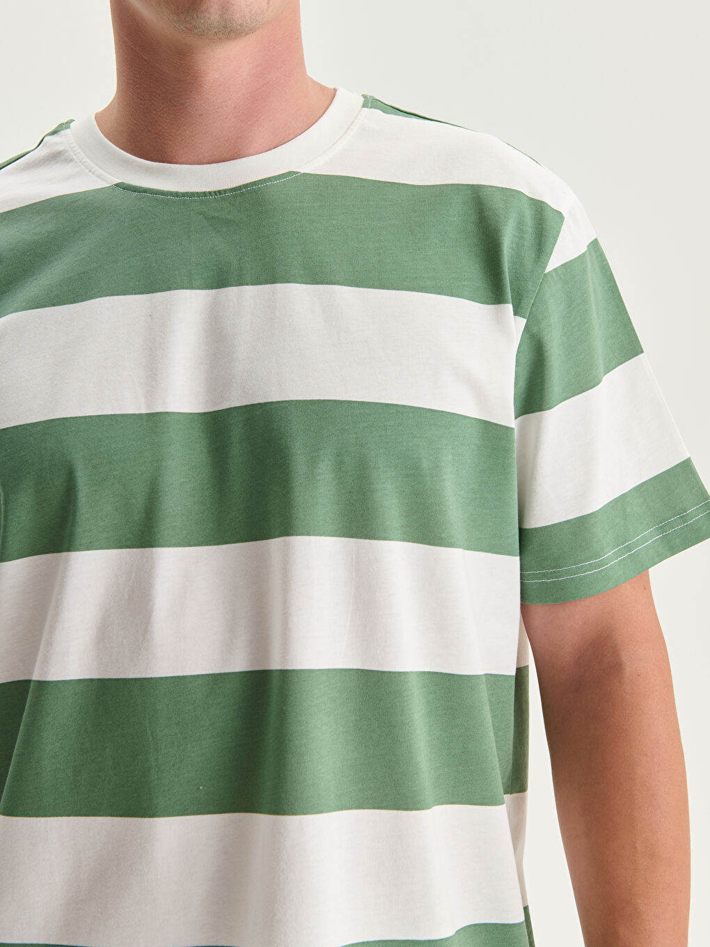 Ekru Bisiklet Yaka Kısa Kollu Çizgili Penye Erkek Tişört-2
