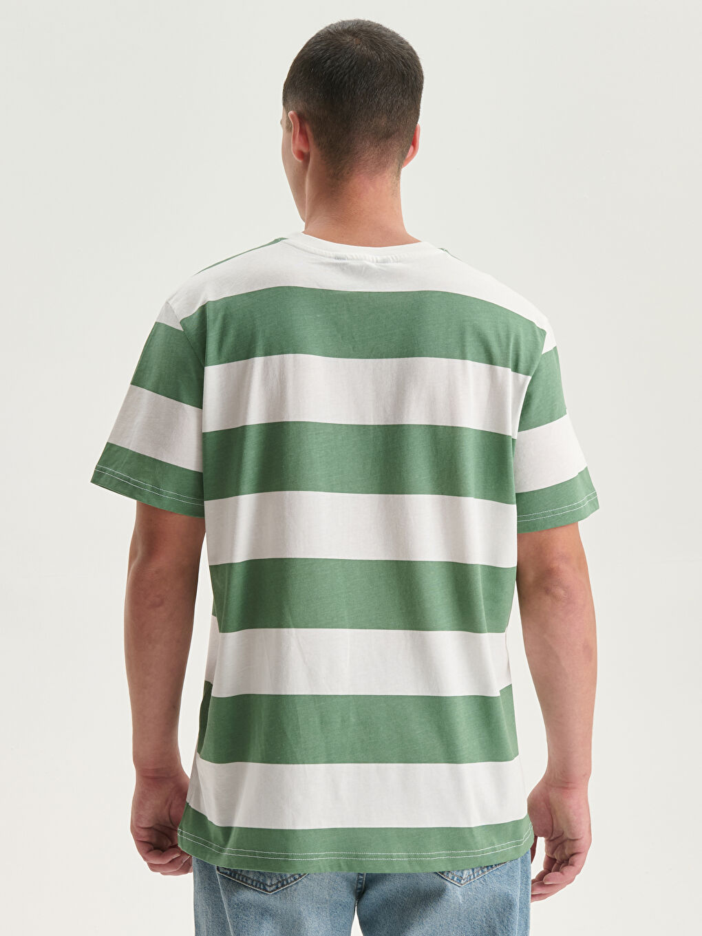 Ekru Bisiklet Yaka Kısa Kollu Çizgili Penye Erkek Tişört-3