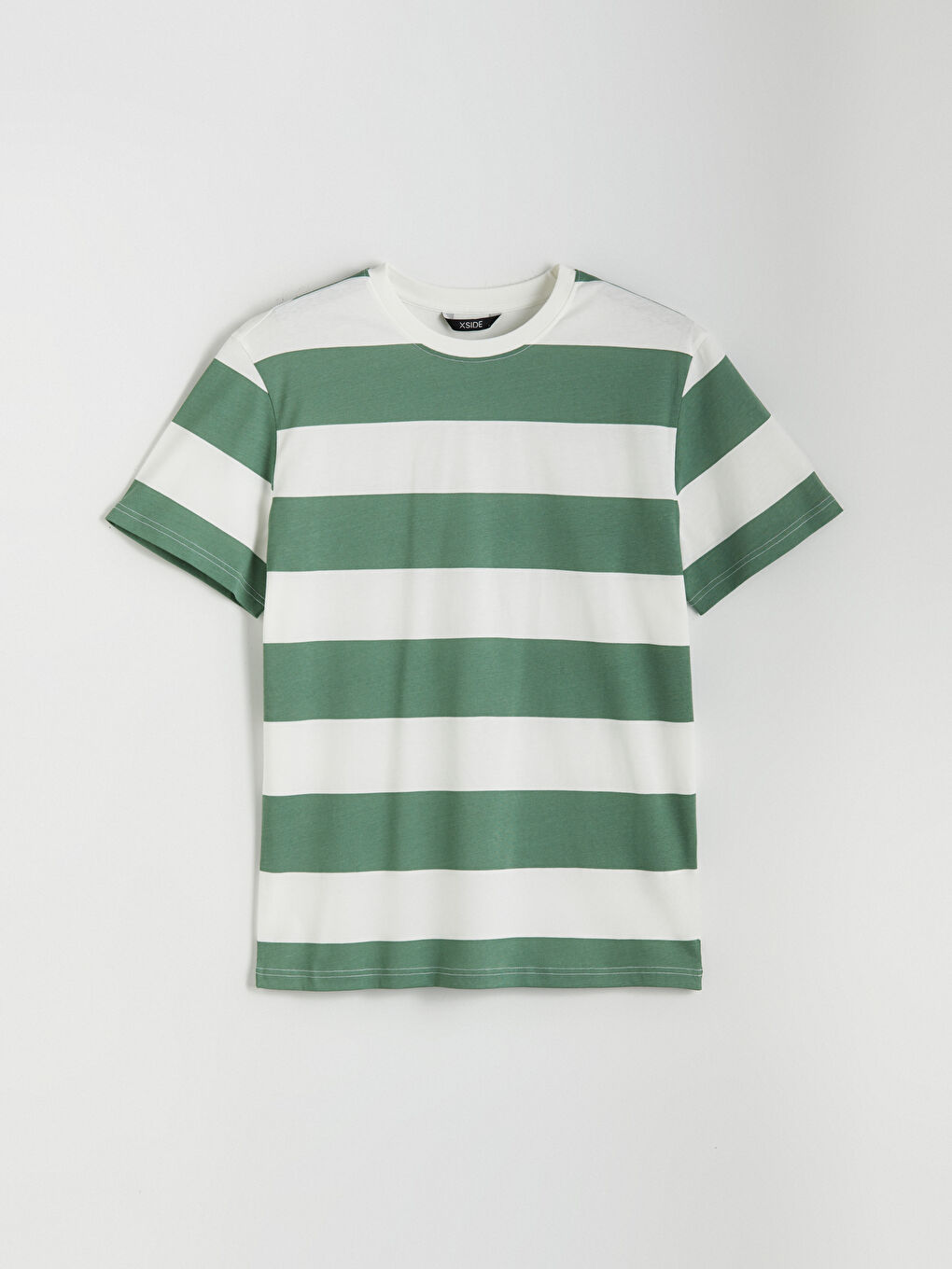 Ekru Bisiklet Yaka Kısa Kollu Çizgili Penye Erkek Tişört-4