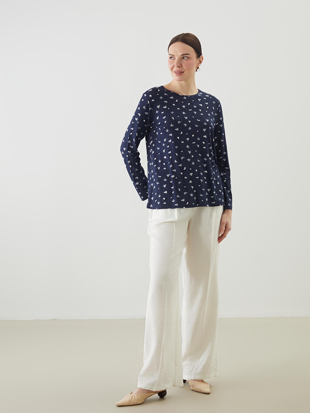Crew Neck Patterned Long Sleeve Women's T-shirt-1