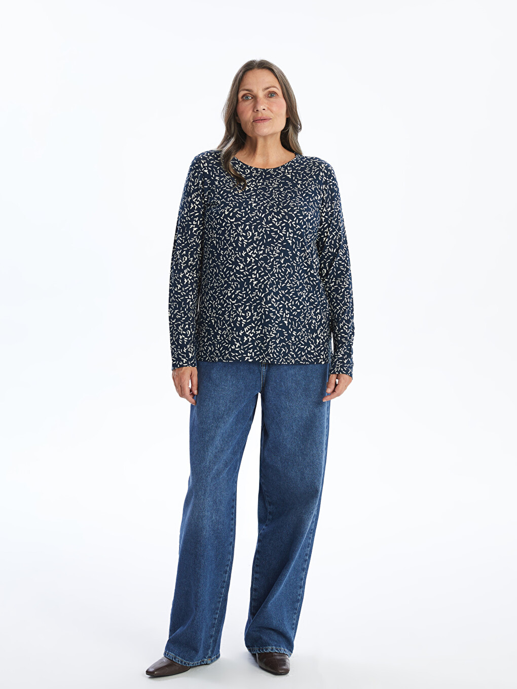 Crew Neck Patterned Long Sleeve Women's T-shirt-1