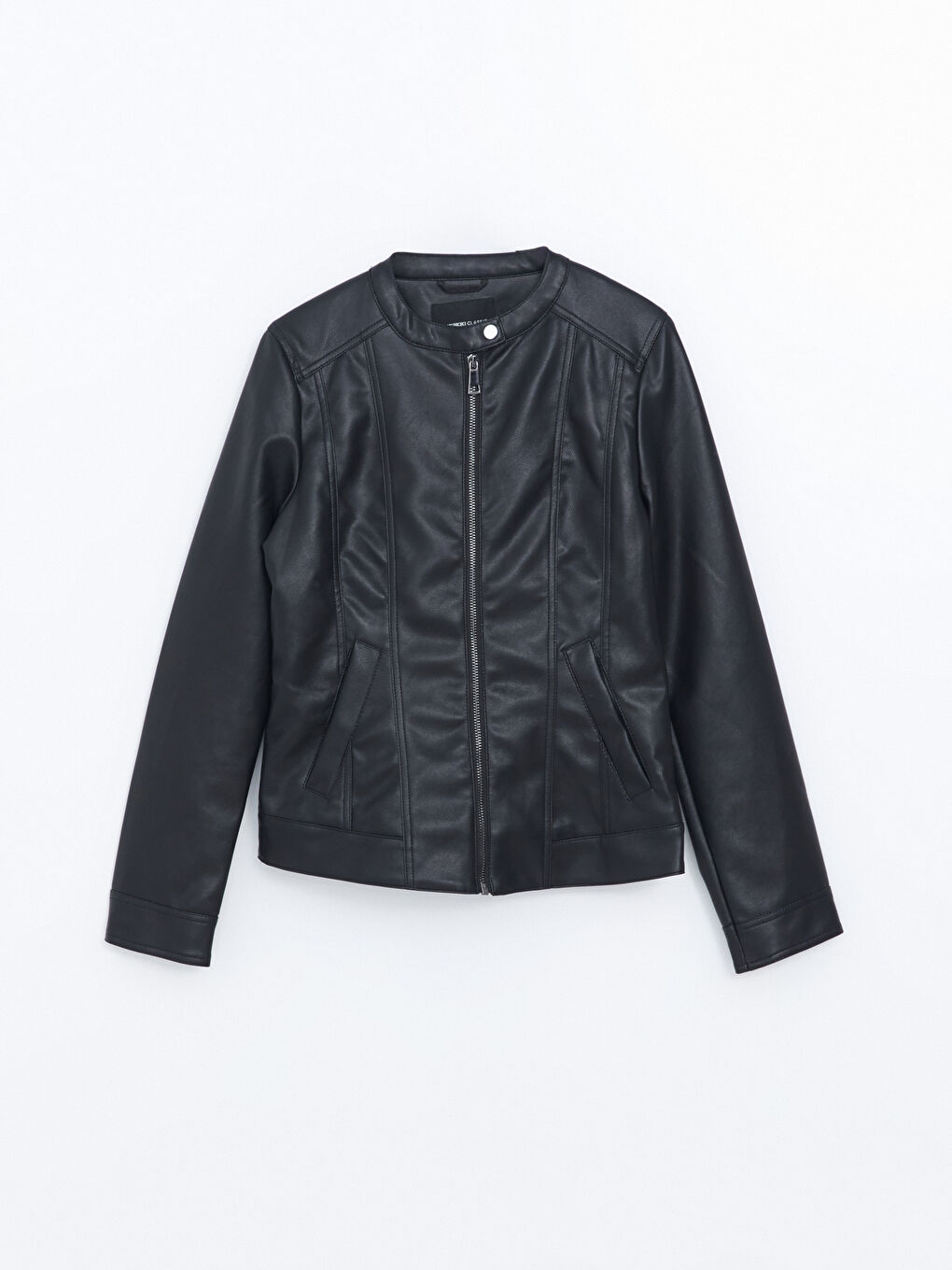 Siyah Bisiklet Yaka Kadın Deri Görünümlü Ceket-10