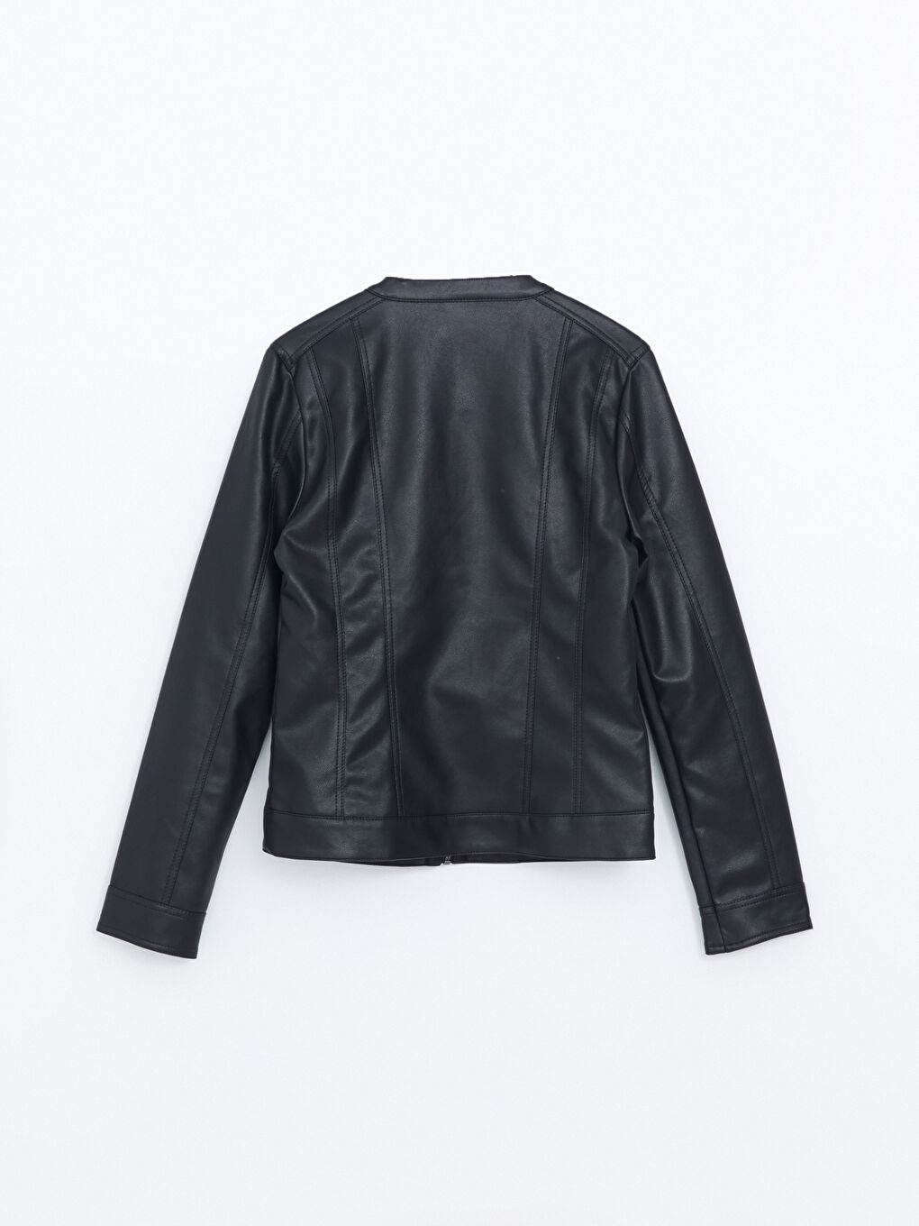 Siyah Bisiklet Yaka Kadın Deri Görünümlü Ceket-12