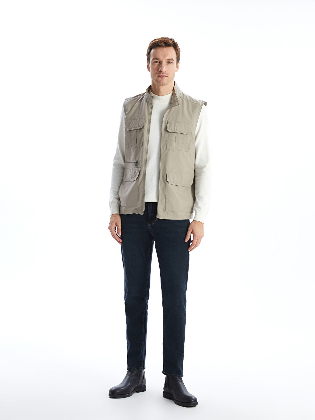 Bej Standart Kalıp Dik Yaka Erkek Avcı Yeleği-1