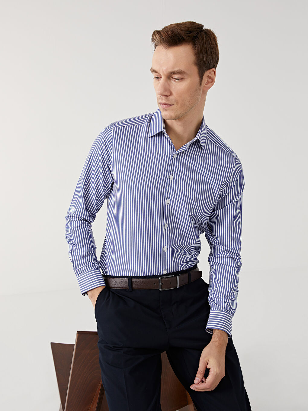 Slim Fit Long Sleeve Striped Poplin Men's Shirt