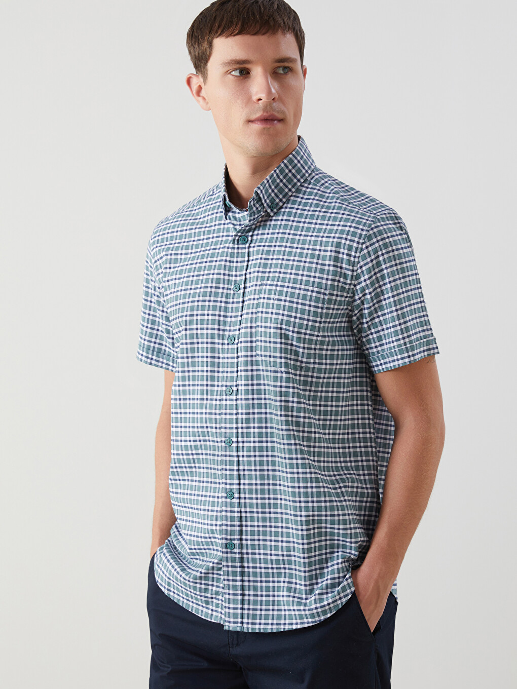 Regular Fit Short Sleeve Plaid Oxford Men's Shirt