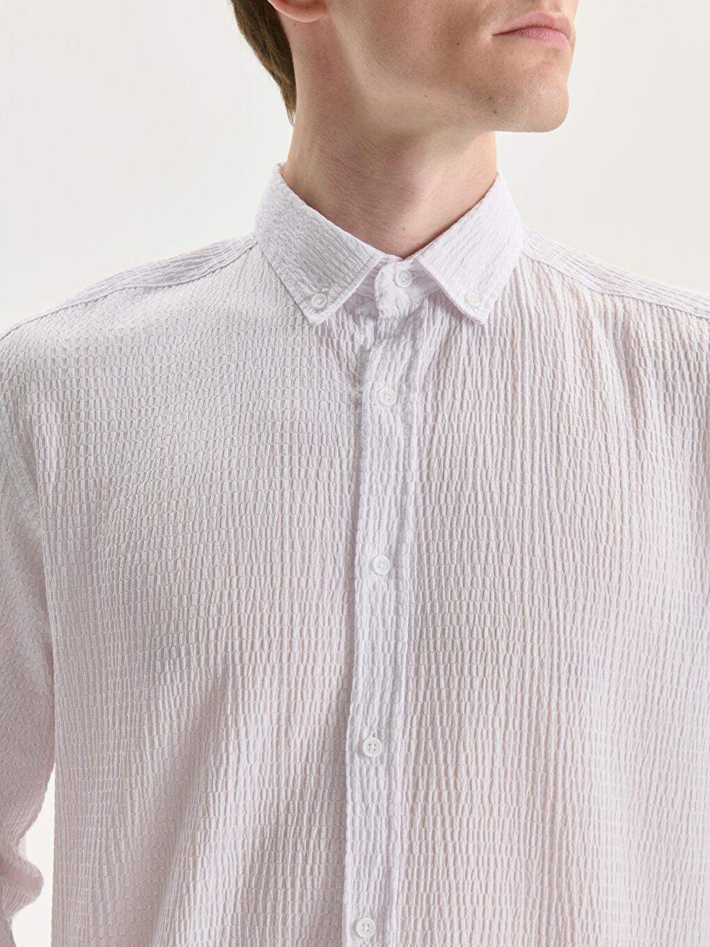 Beyaz Regular Fit Uzun Kollu Erkek Dokulu Gömlek-2