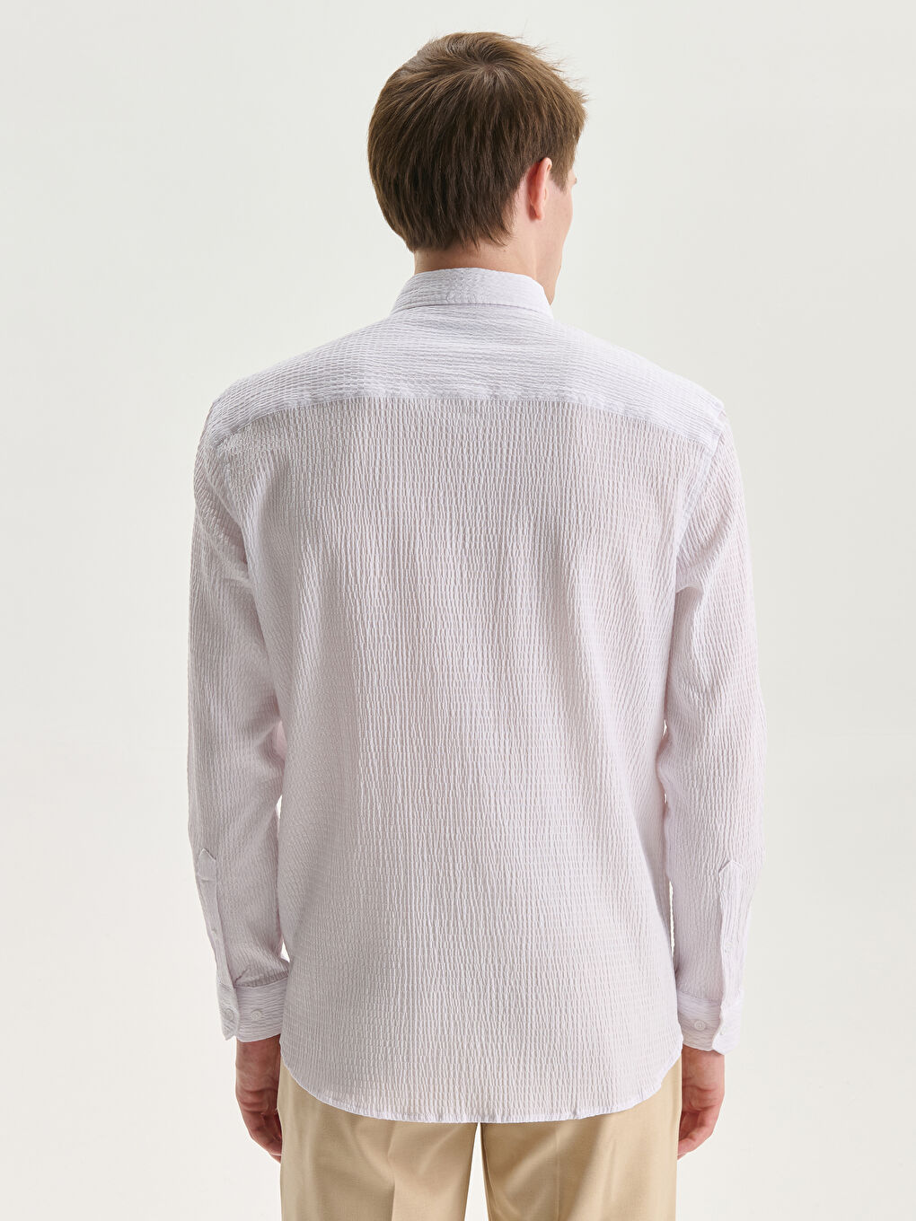 Beyaz Regular Fit Uzun Kollu Erkek Dokulu Gömlek-3