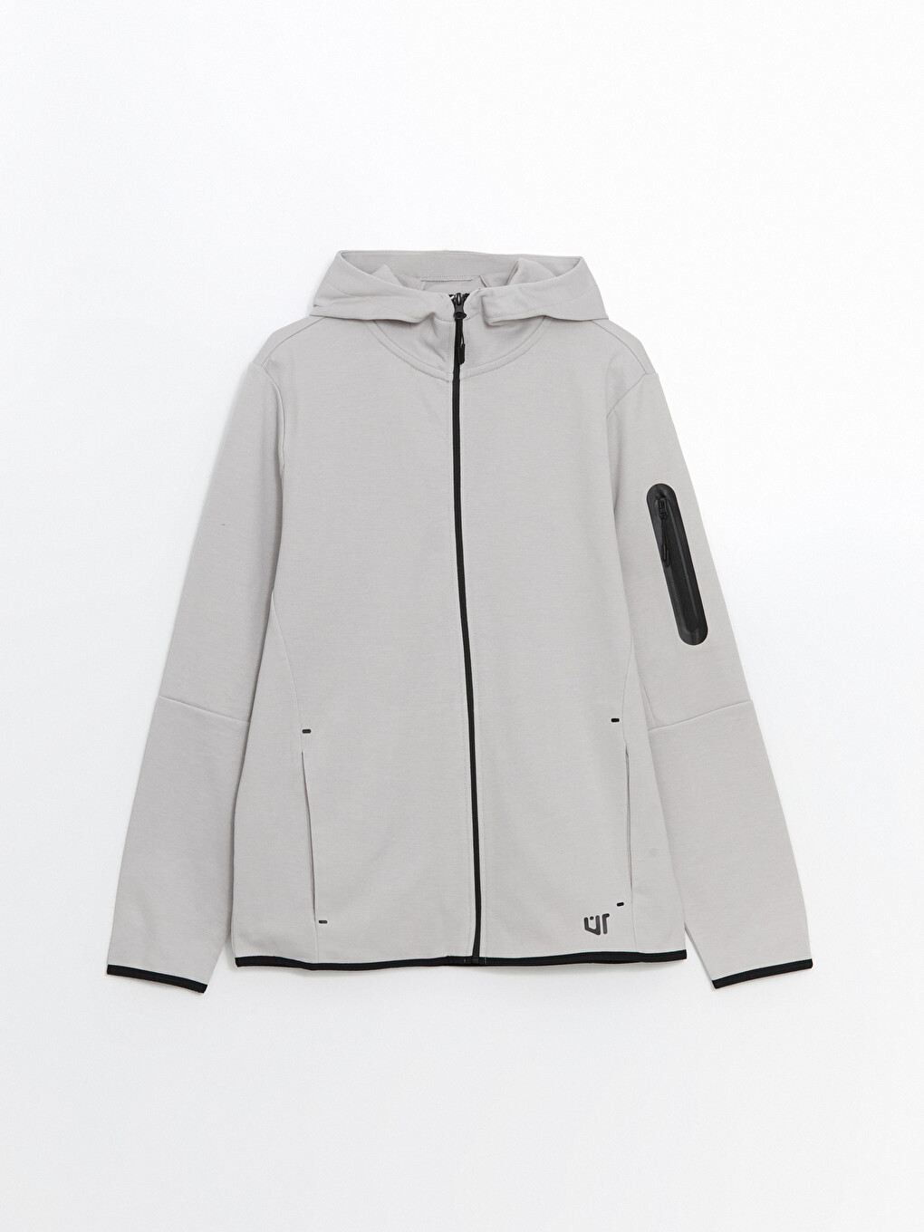 Gri Kapüşonlu Uzun Kollu Erkek Fermuarlı Sweatshirt-4