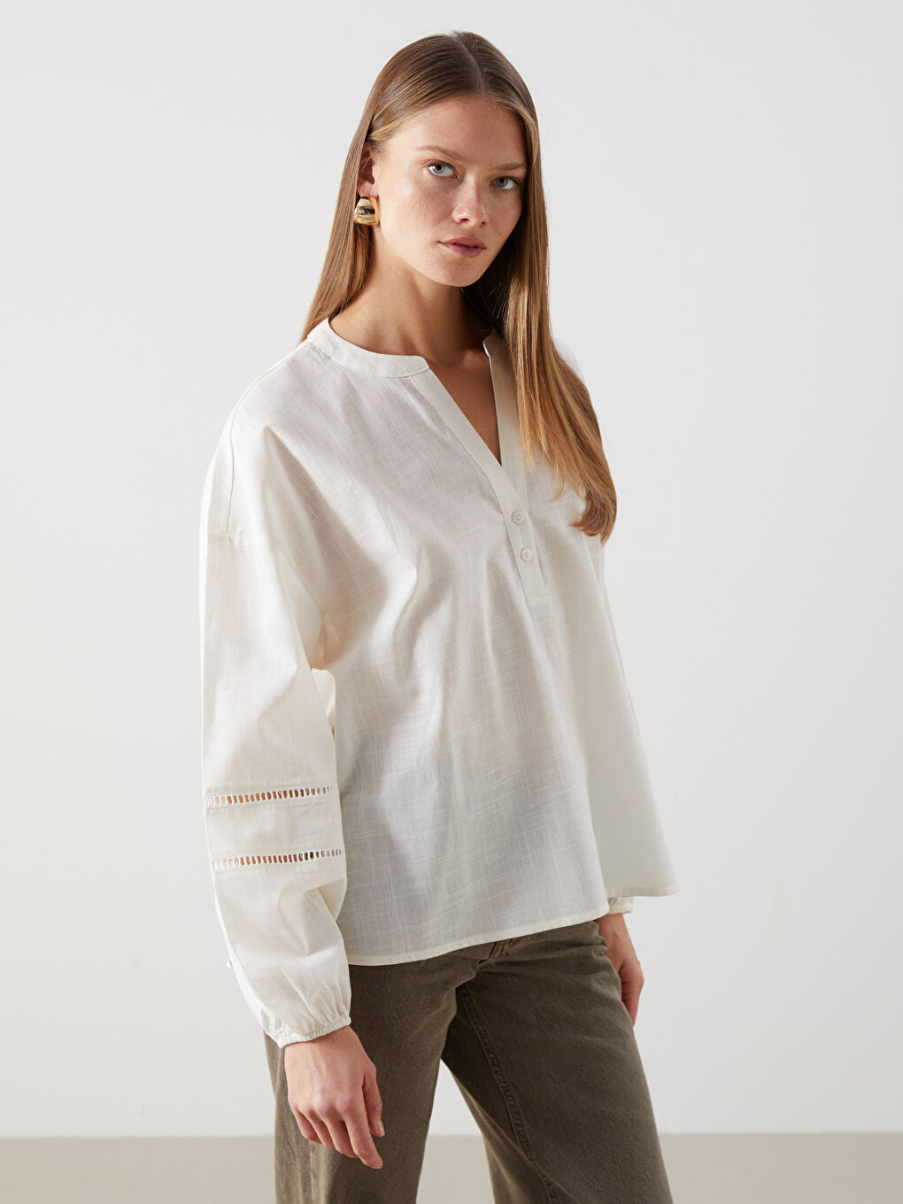 Notch Neck Hole-Knitted Women's Blouse