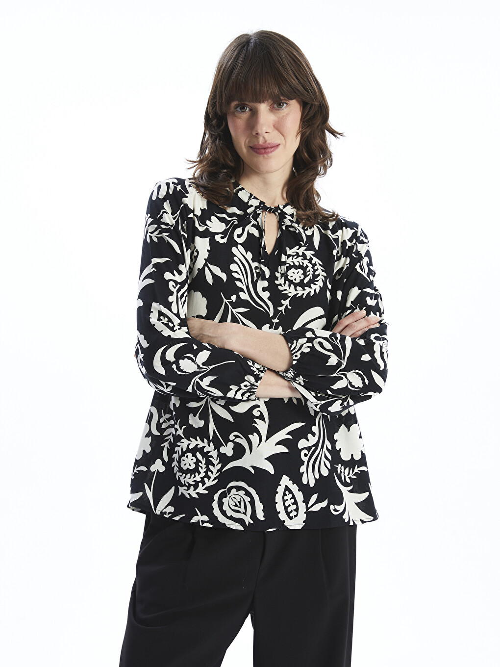 Tie Neck Patterned Long Sleeve Oversize Women's Blouse