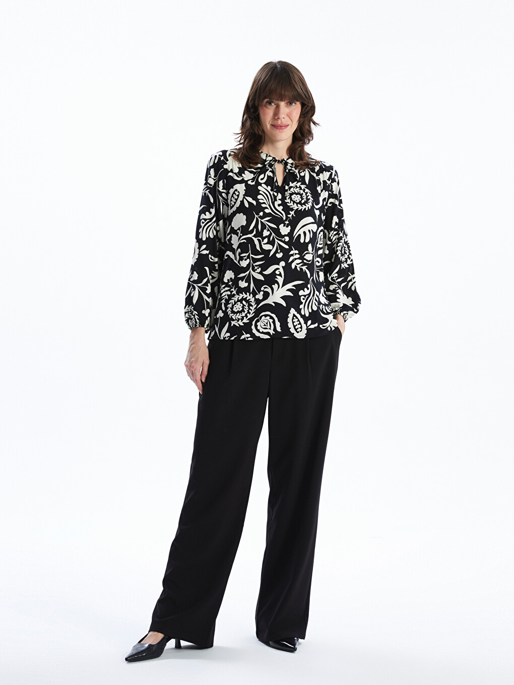 Tie Neck Patterned Long Sleeve Oversize Women's Blouse-1