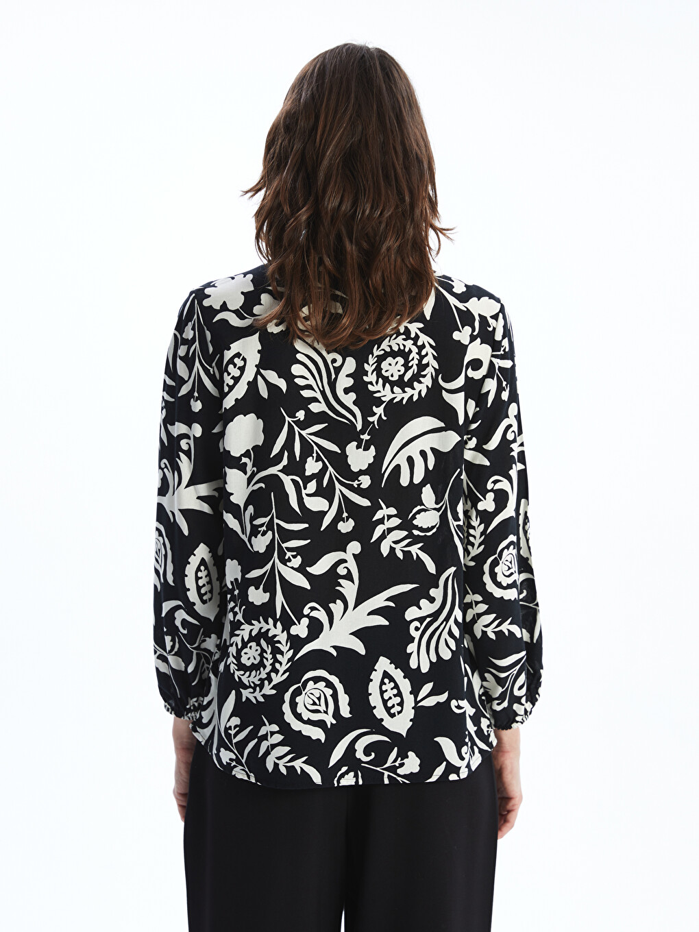 Tie Neck Patterned Long Sleeve Oversize Women's Blouse-3
