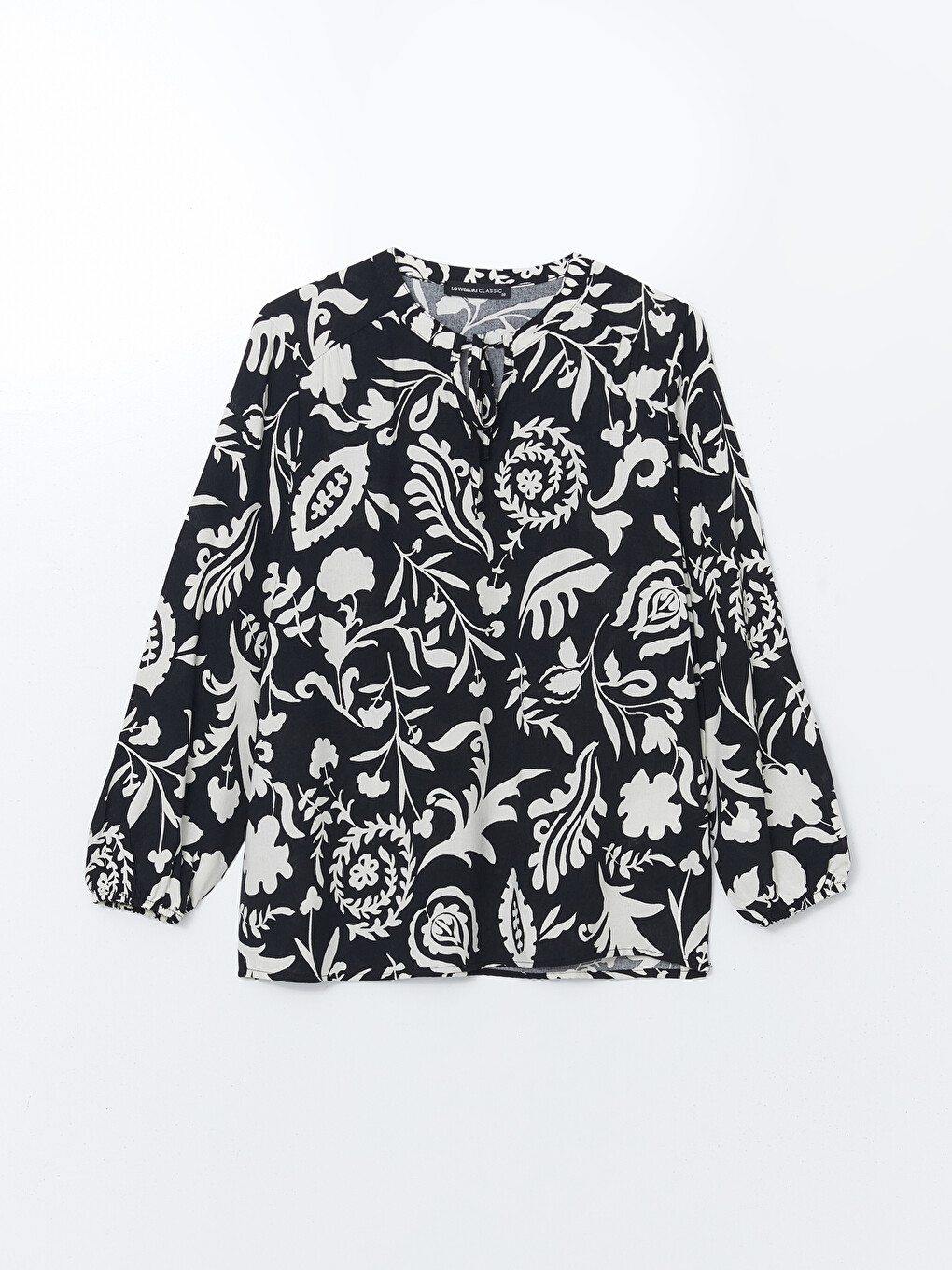 Tie Neck Patterned Long Sleeve Oversize Women's Blouse-4