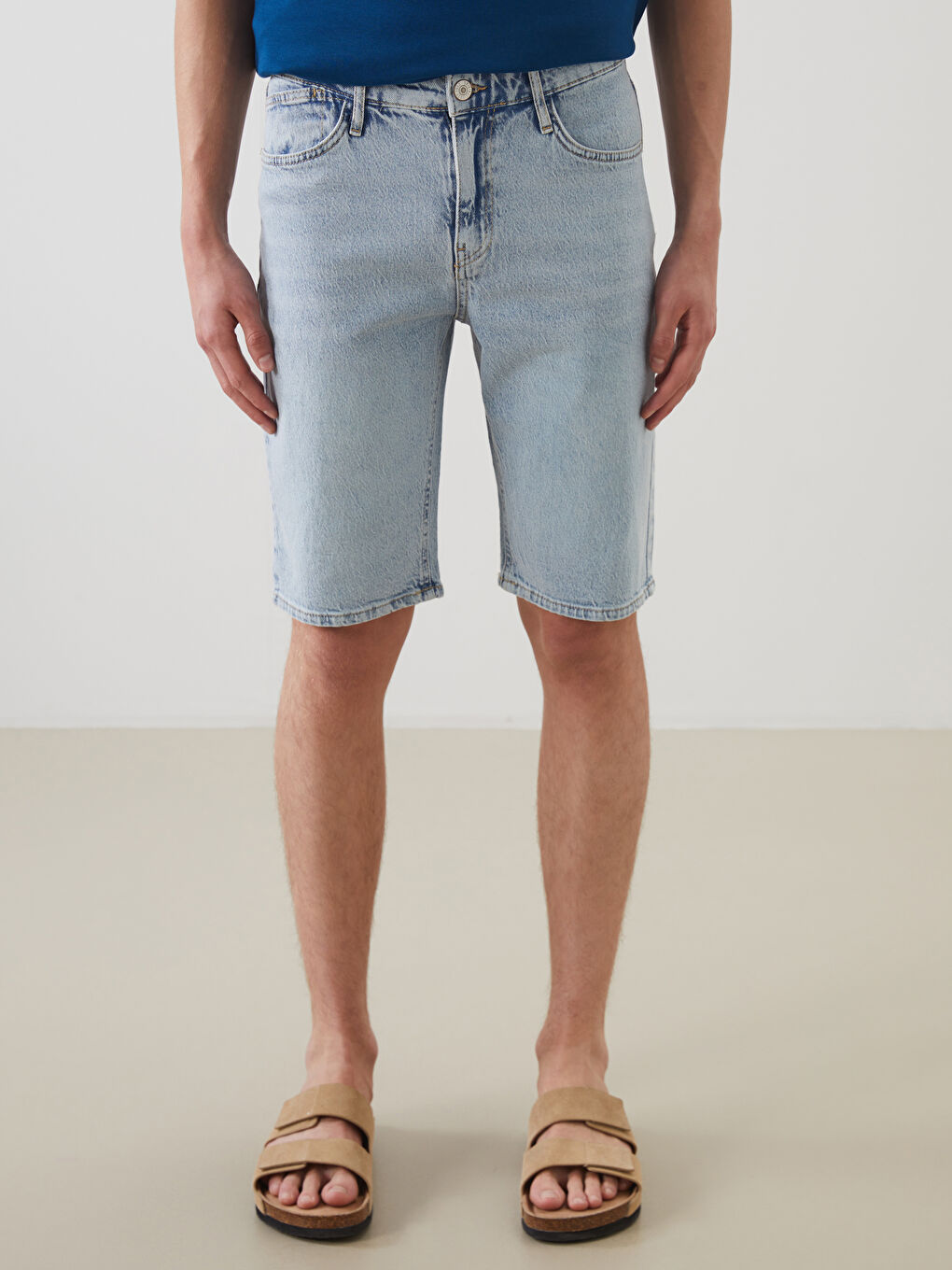 İndigo Standart Kalıp Erkek Jean Şort-1