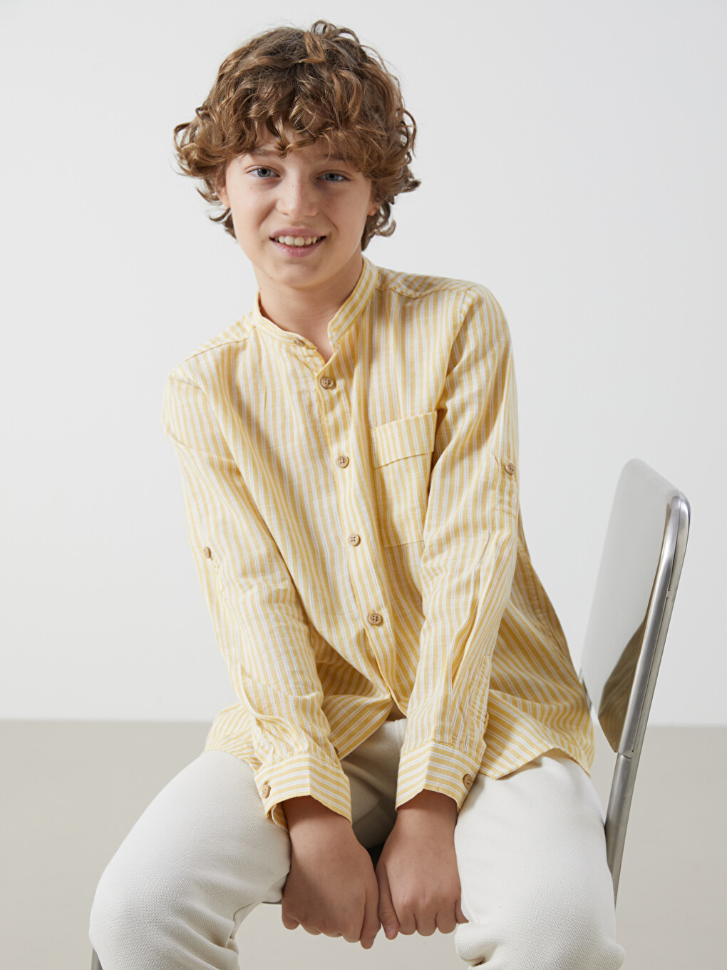 Grandad Collar Striped Boys' Shirt
