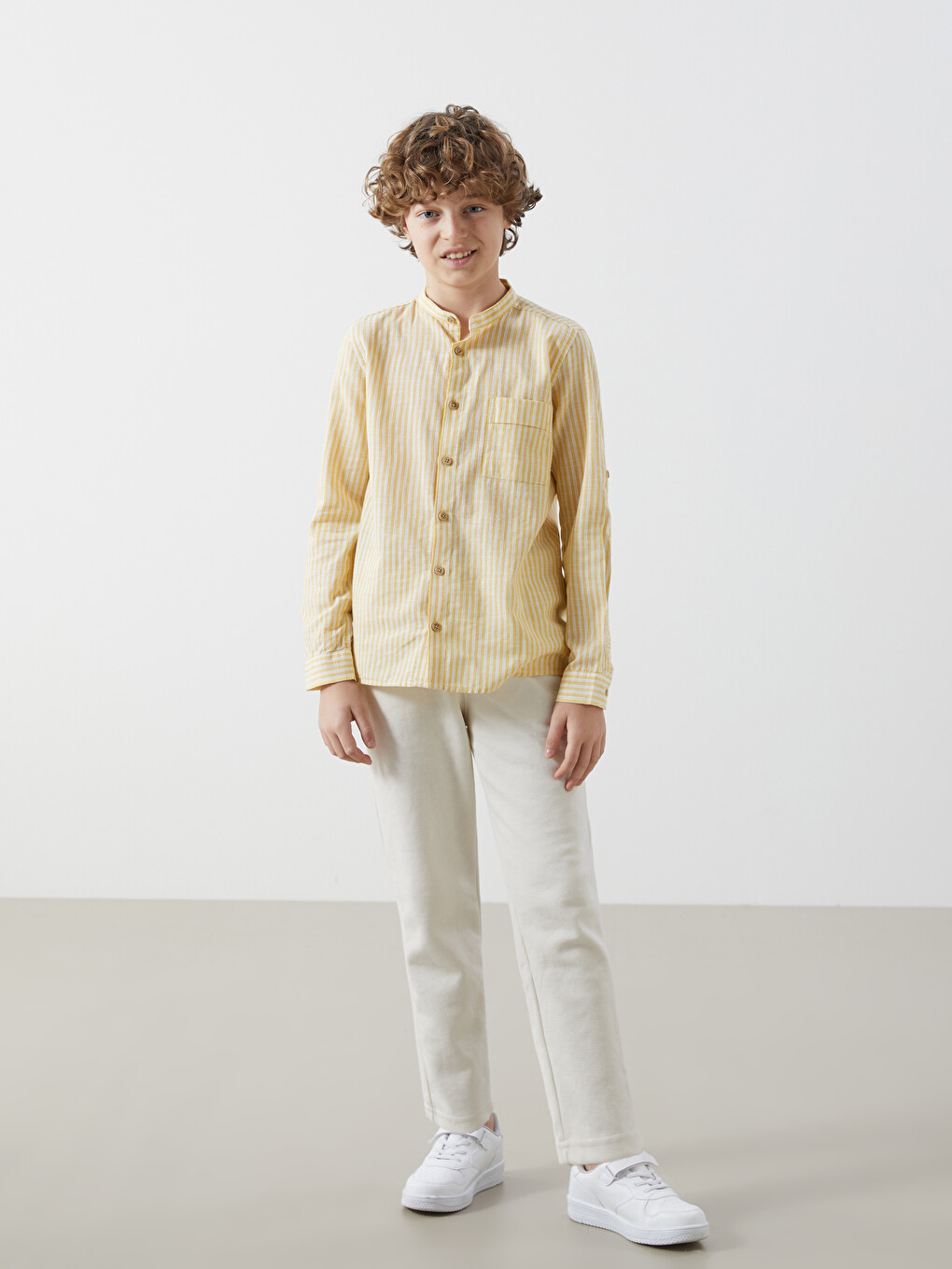 Grandad Collar Striped Boys' Shirt-1