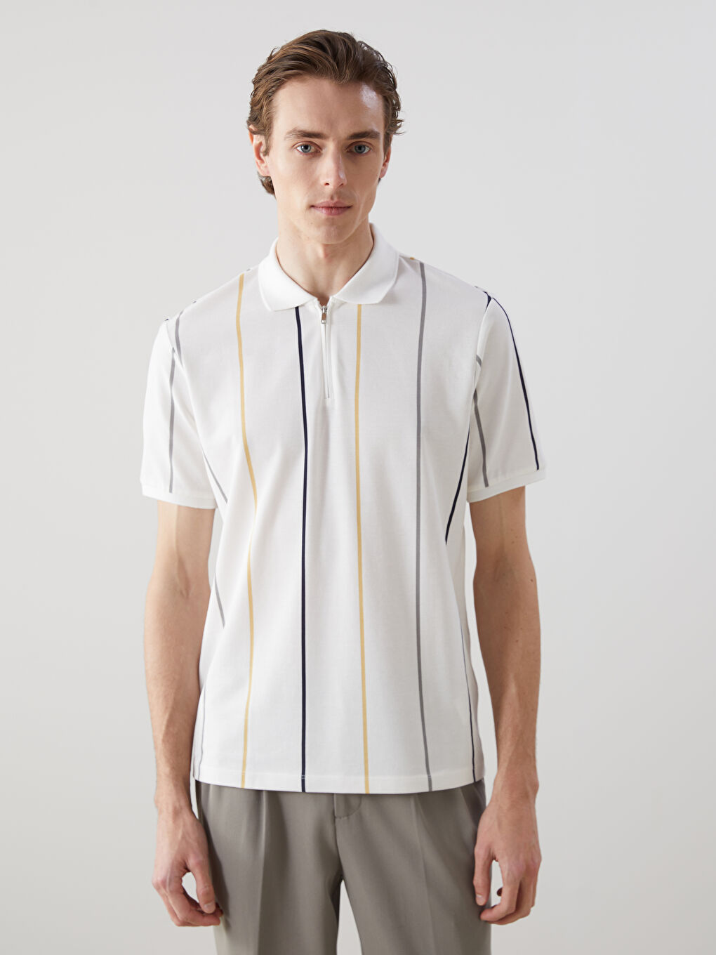 Polo Neck Short Sleeve Striped Pique Men's T-Shirt -S4MG68Z8-R9J