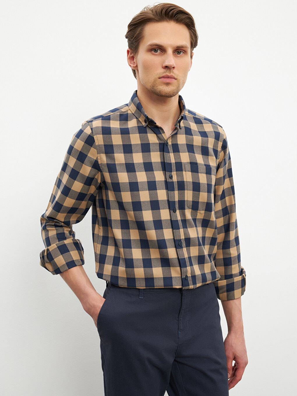 Regular Fit Long Sleeve Plaid Men's Shirt